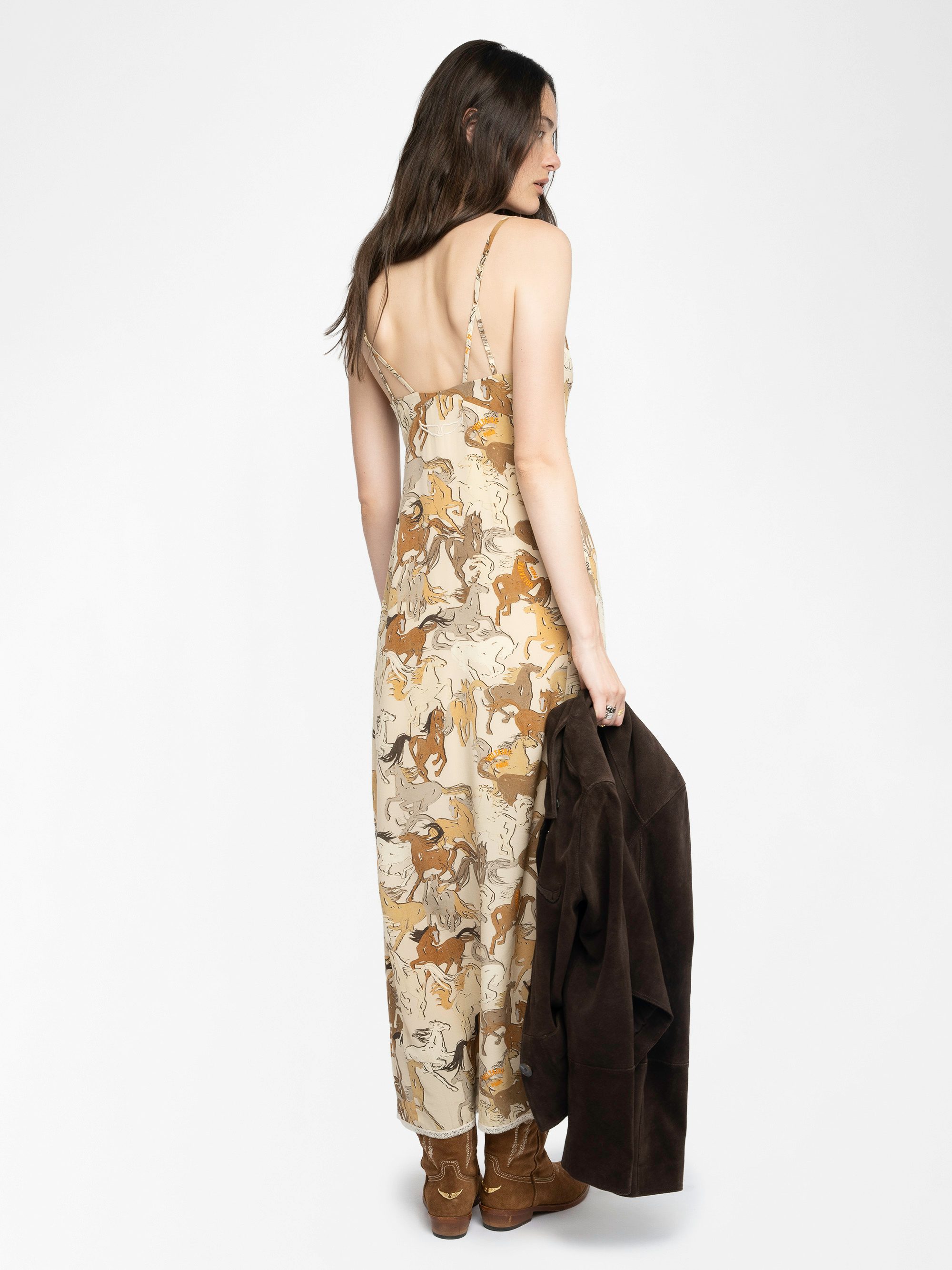 Ramelil 100% Silk Dress - Long lingerie-style dress in printed silk, with slit, adjustable straps, wing embroidery on the back and lace.